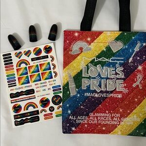 MAC Cosmetics Loves Pride Bag, Sticker Set, & Lipstick cap